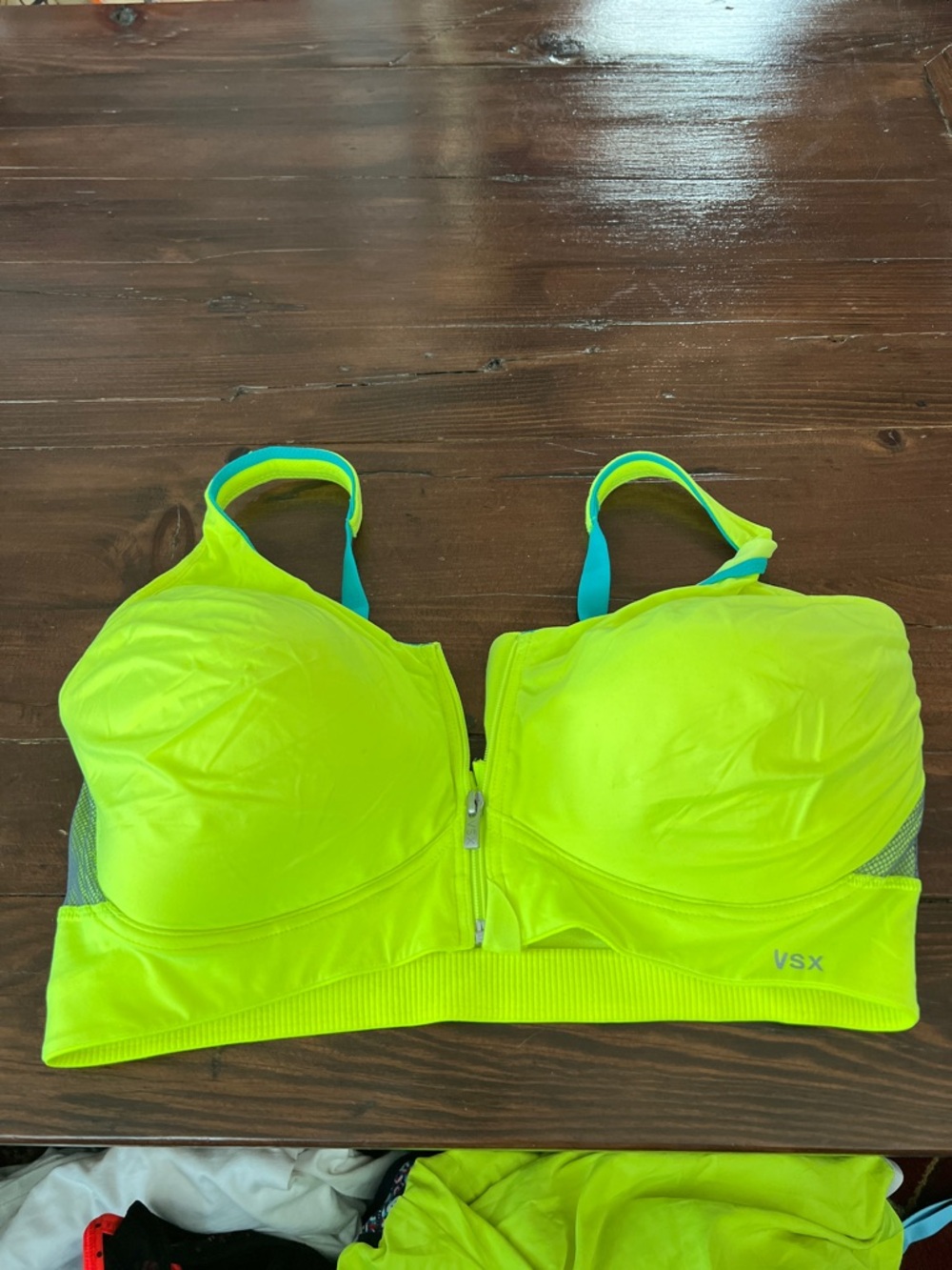 VSX Neon Lime Front-Zip Sports Bra with Teal Straps